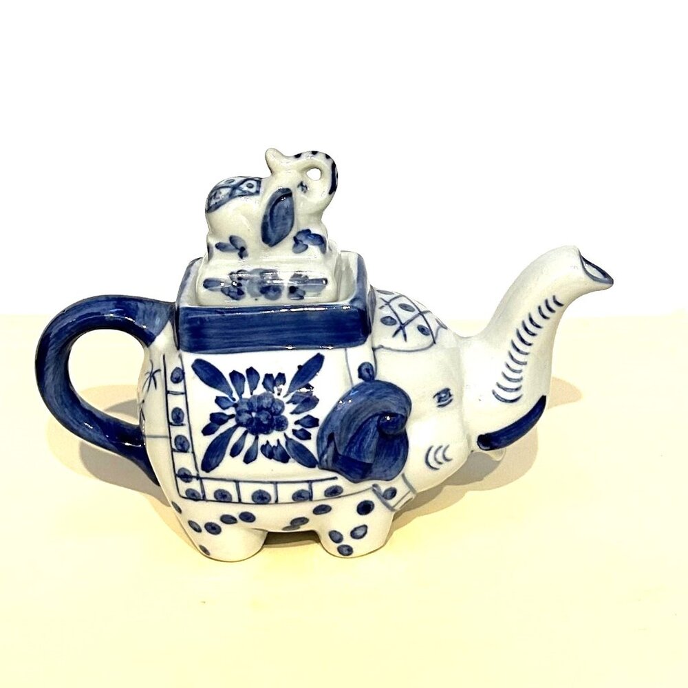 Decorative Cobalt Blue & White Elephant Teapot with Lid